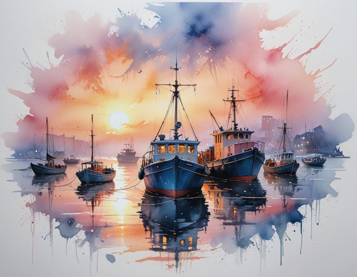 Winter Harbour Sunset in Watercolour Style