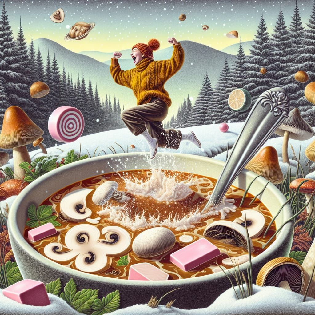 Woman Swimming in Mushroom Soup: Digital Painting