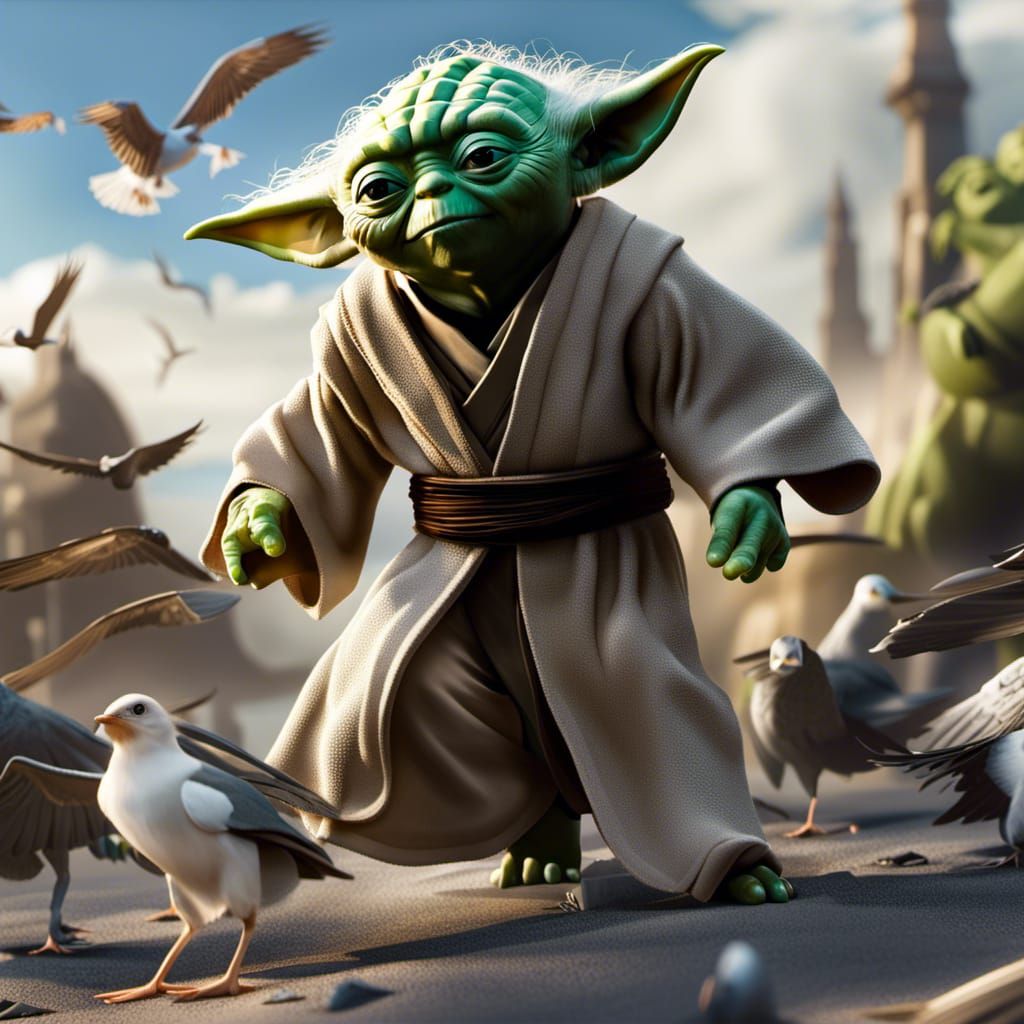 Yoda's Seagull Battle: Hyperrealistic Concept Art