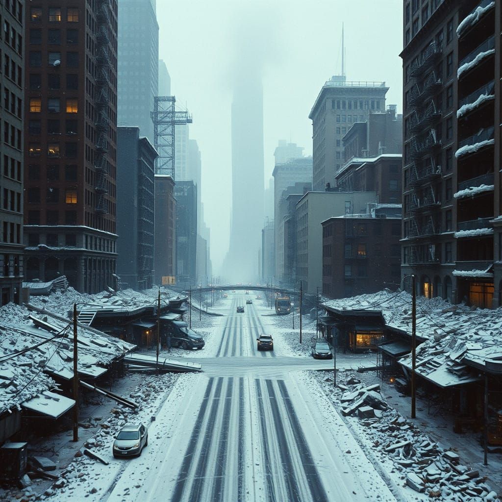 Winter Snow Falls on a Ruined New York City