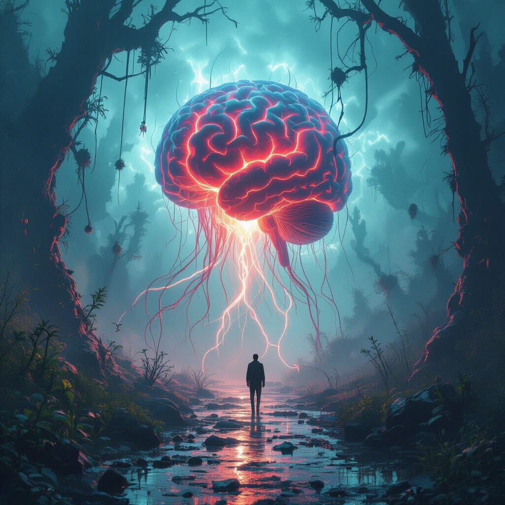 Surreal Brainrot Tendrils in Dreamlike Scene