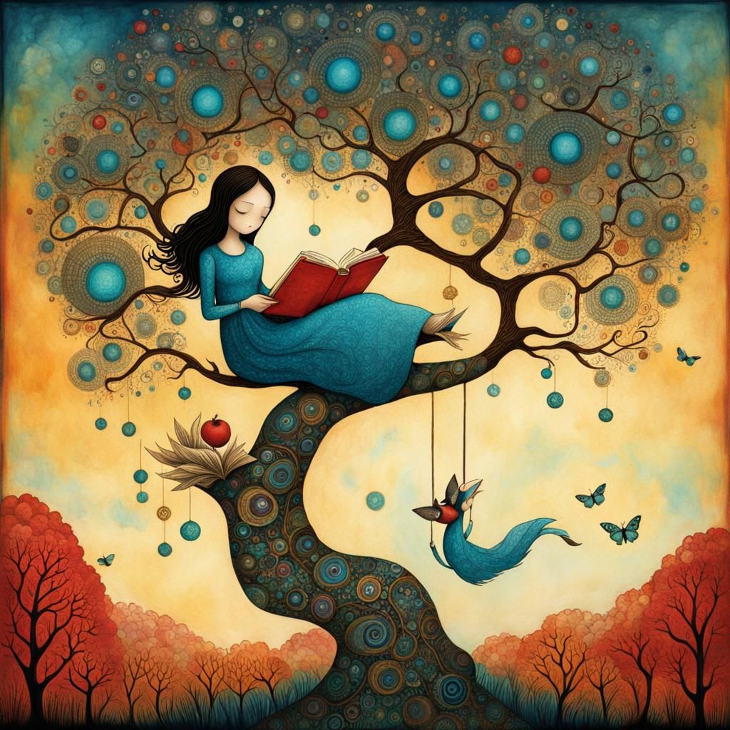 Girl Reading Upside Down: Surreal Zentangle Watercolor