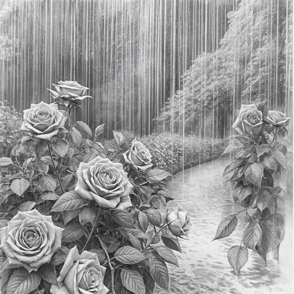 A Dreamy Rose Garden in Midsummer Rain, Rendered in Hyperdet...