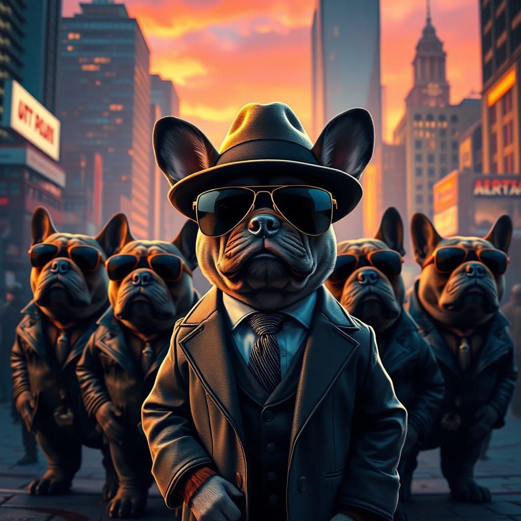 Gangster Puppy Surrounded by Tough Bulldog Minders in Futuri...