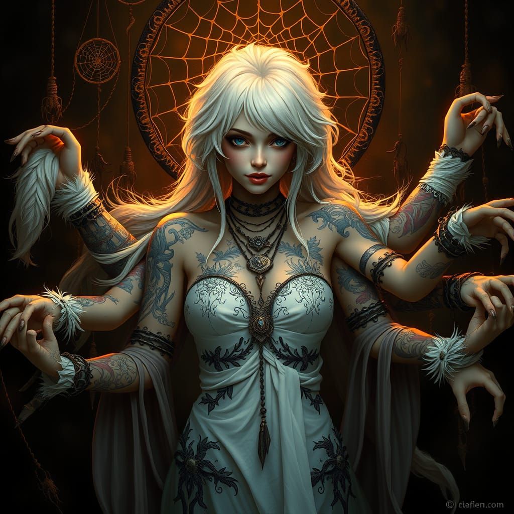 Mystical Six-Armed Woman in Dark Fantasy Art