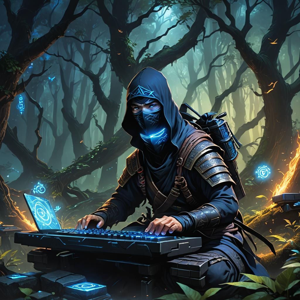 Ninja Gamer in Mystical Forest Concept Art