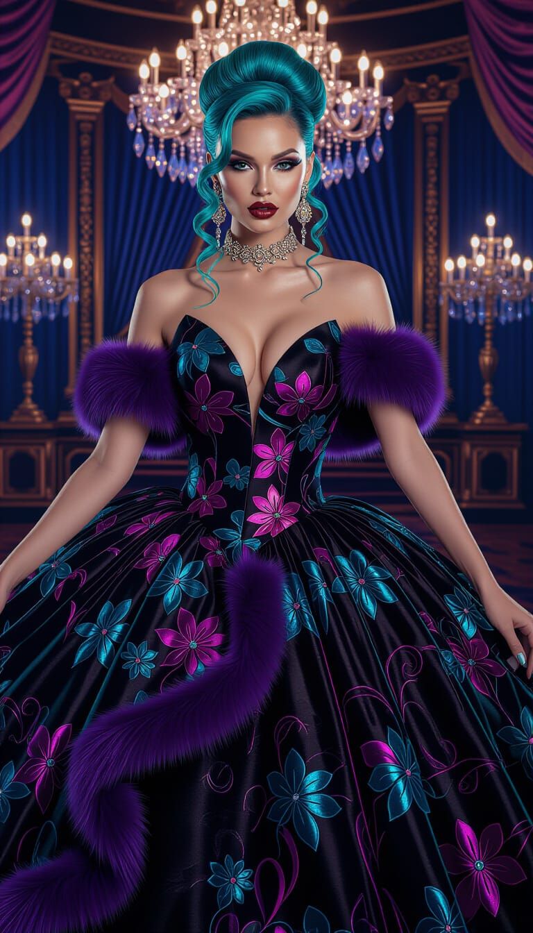 Elegant Woman with Turquoise Hair in Metallic Gown