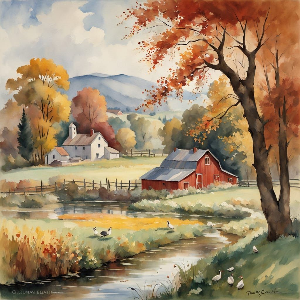 Idyllic Village Scene in Watercolor Style