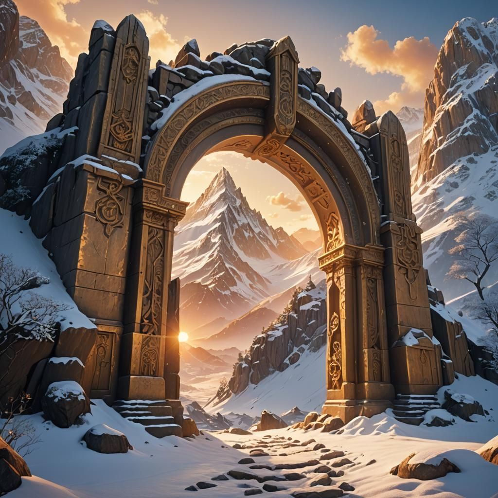 Majestic Gateway Carved in Snowy Mountain, Anime Style