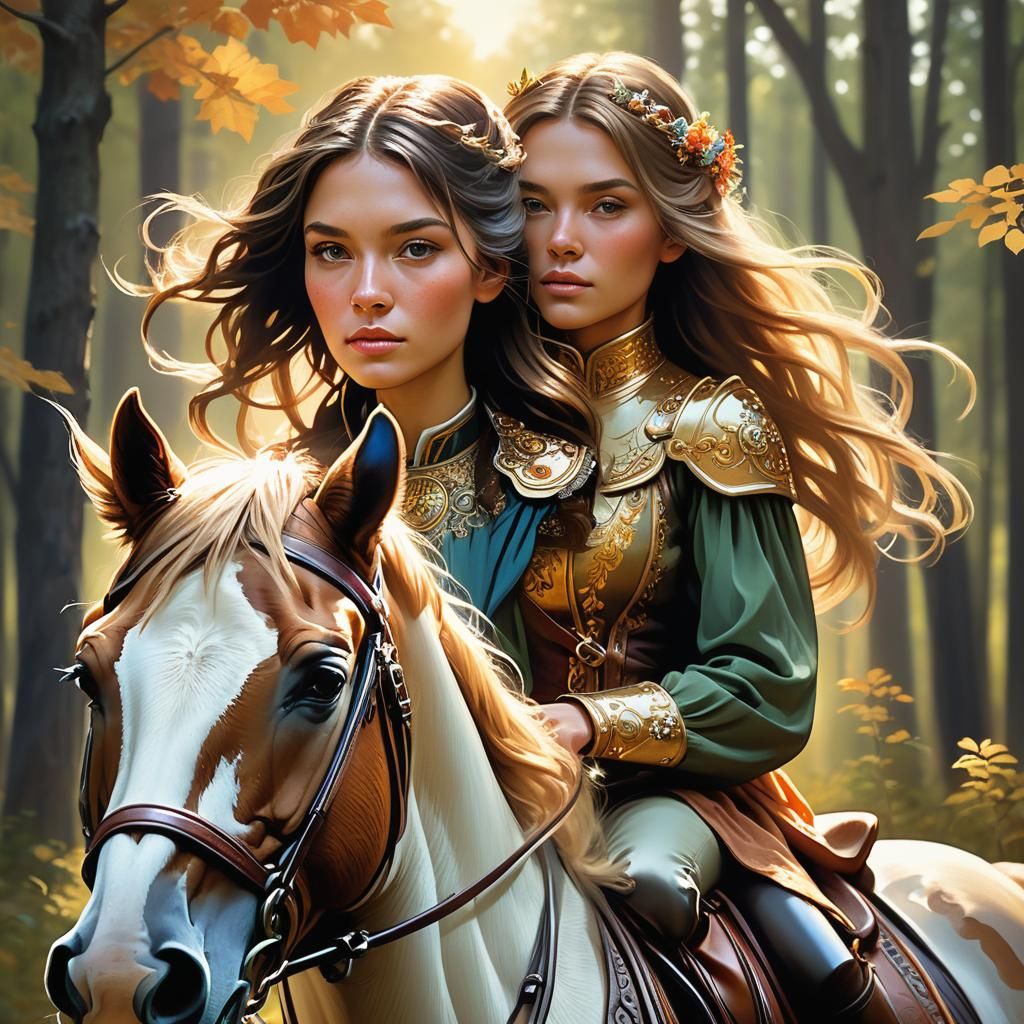 Woman Riding Horse in Woods: Hyperrealistic Portrait