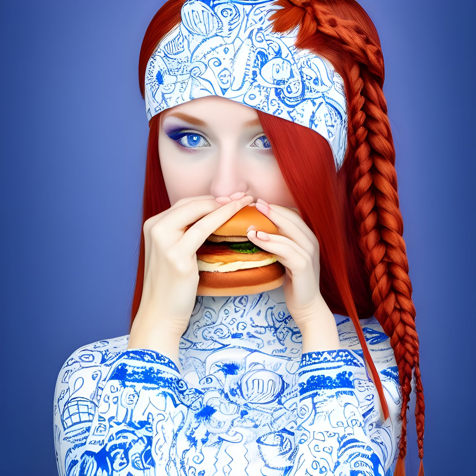 Redhead with Braids Eating Burger, Digital Art