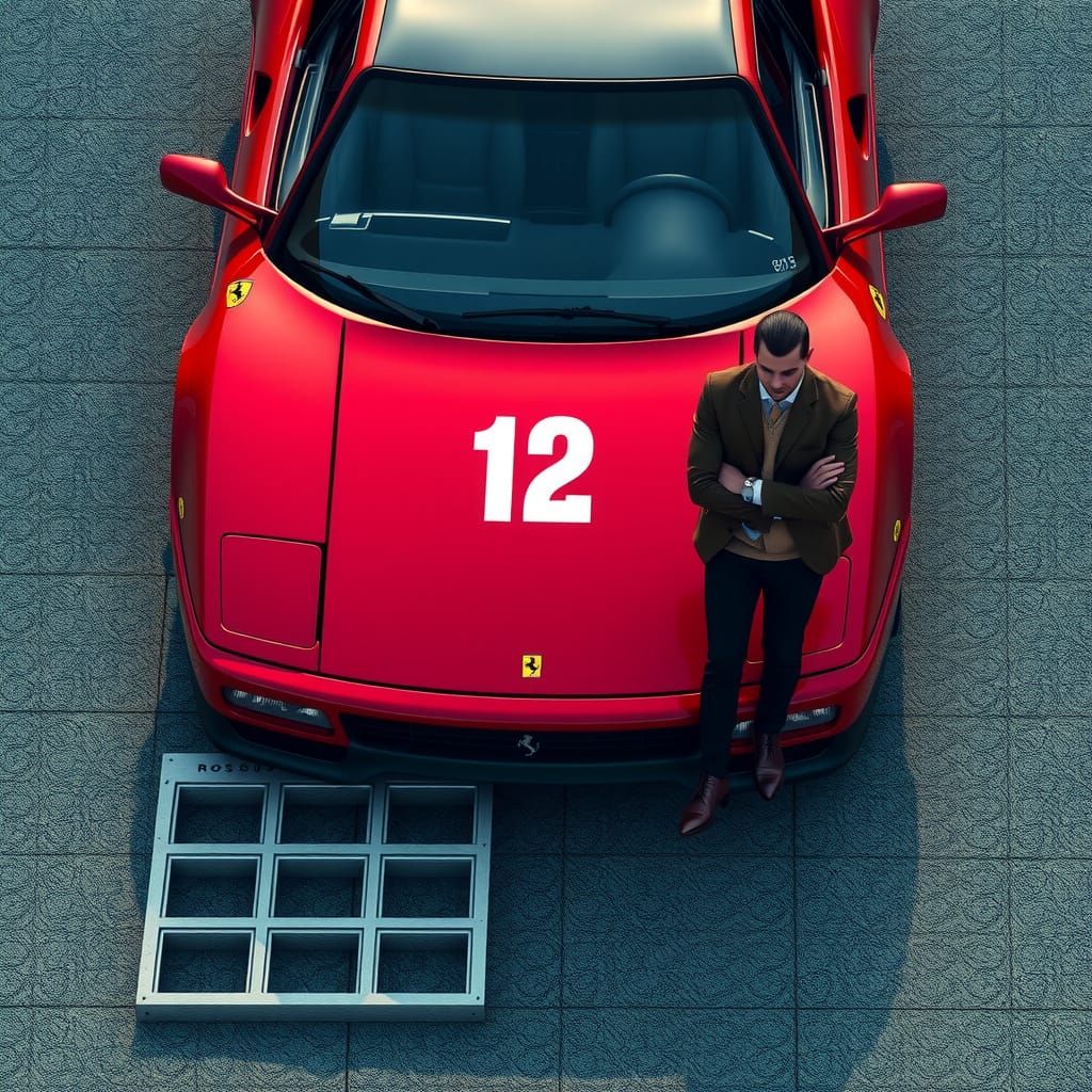 Aerial View of Matte Red Ferrari Testarossa with Man in Form...