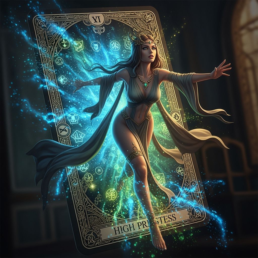 High Priestess Emerges from Tarot Card with Bioluminescent G...
