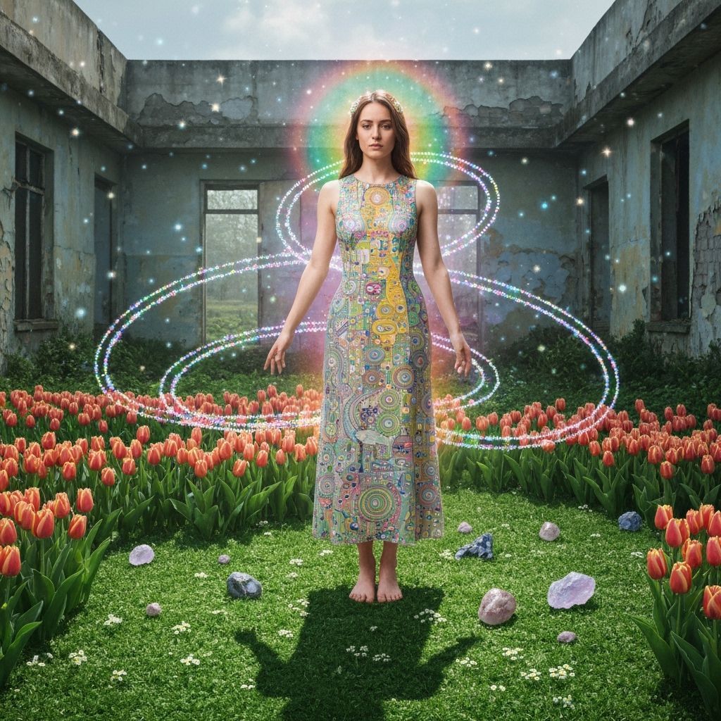 Woman in Opal Gown Amidst Crystalline Tulips