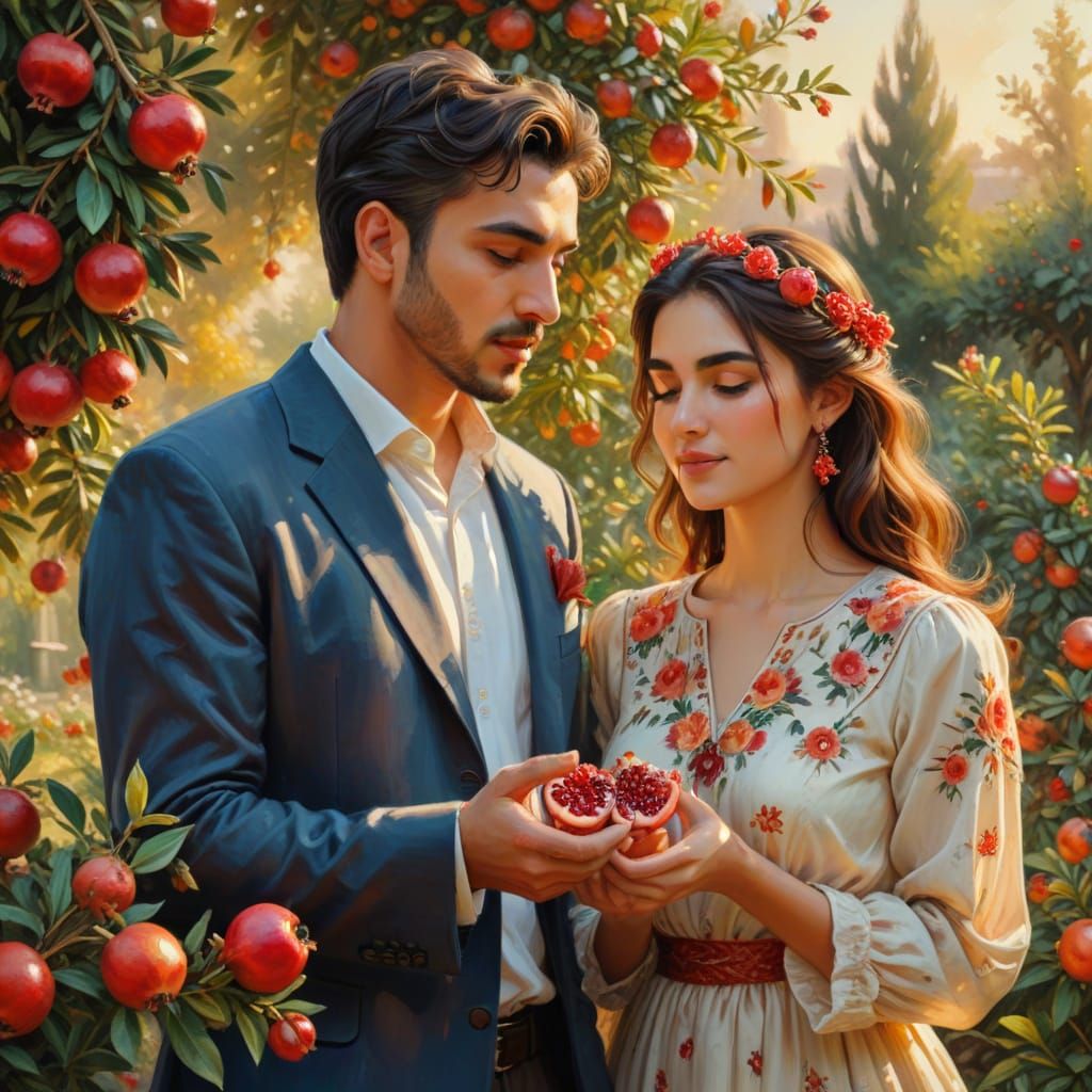 Turkish Couple Sharing Pomegranate as Oil Painting