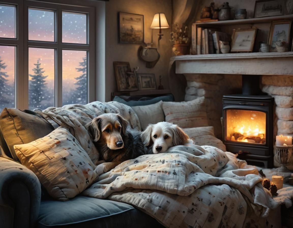 Cozy Evening: Woman and Dog in Watercolor Style