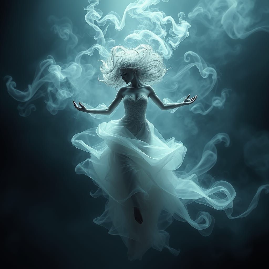 Ethereal Smoke Woman Dancing in a Mystic Landscape