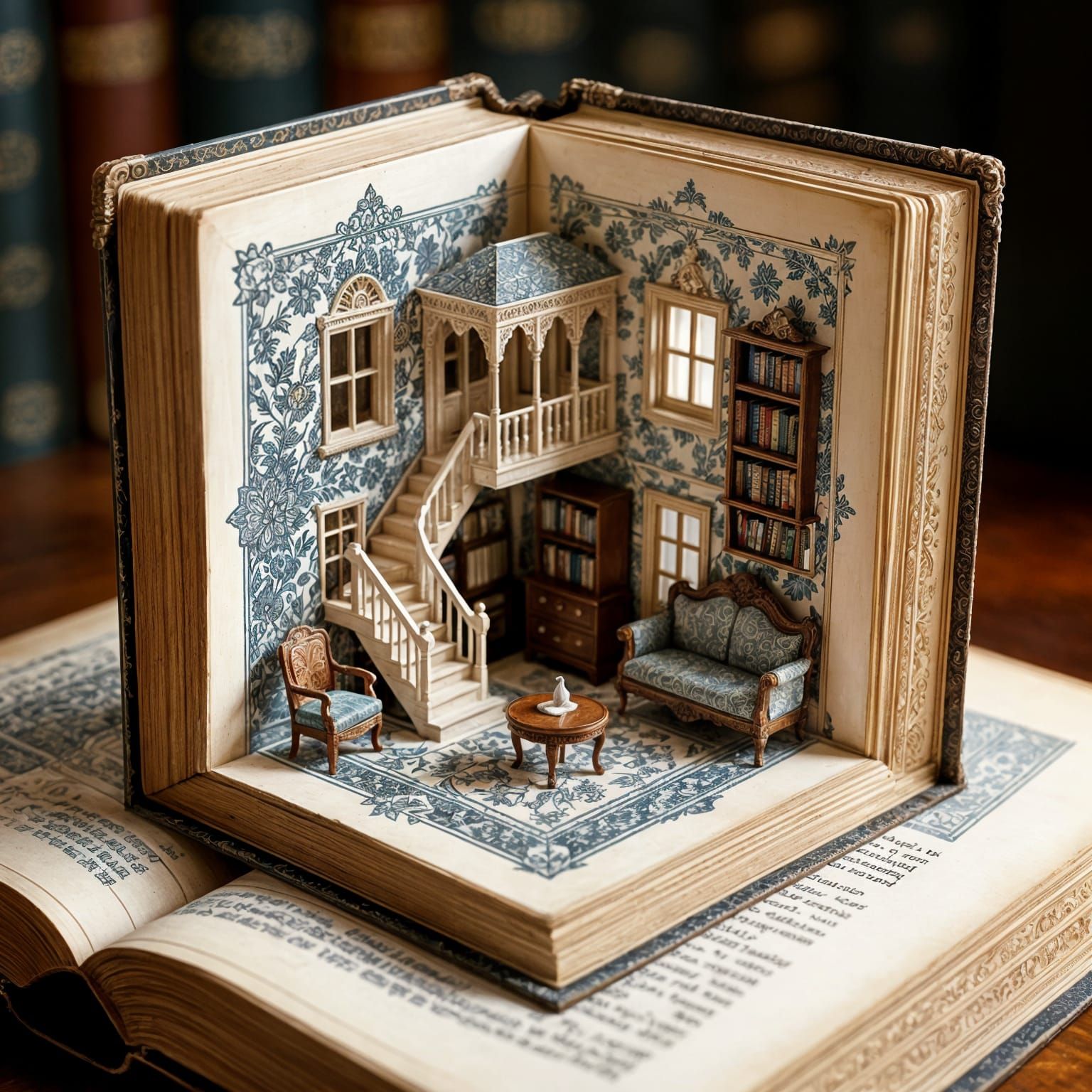 Intricate Carved Miniature Room Inside Vintage Book