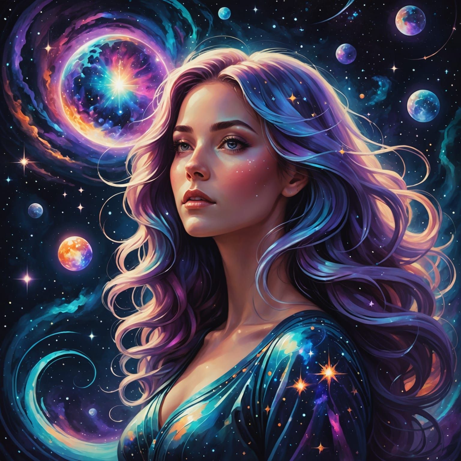 Cosmic Woman Floating in Nebula with Glowing Orb