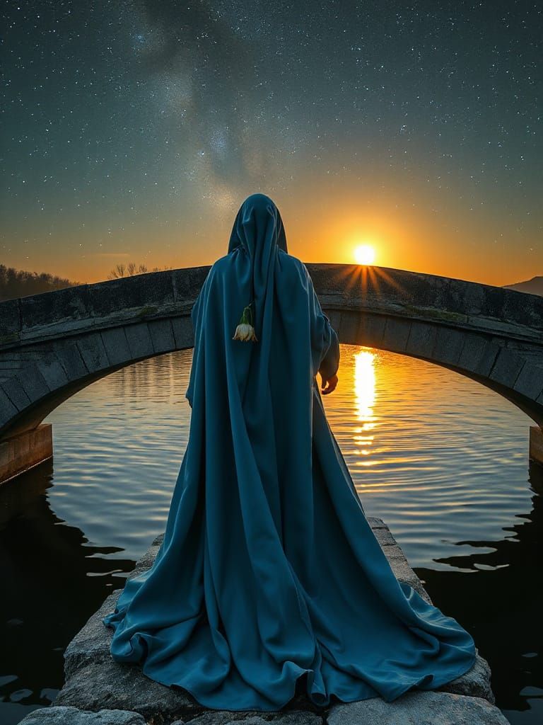 Solitary Figure on Stone Bridge Under Starlit Sky