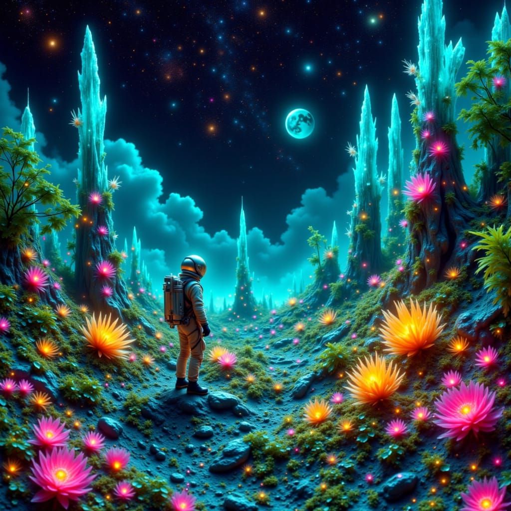 Astronaut Discovers Bioluminescent Alien Garden in Retro Sci...