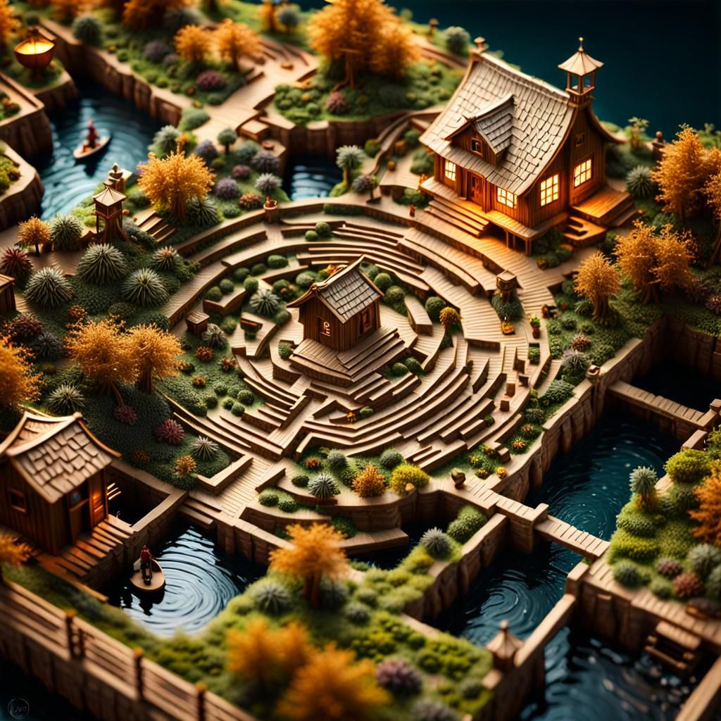 Labyrinth Path: Intricate Microcosm Scene in Golden Hour