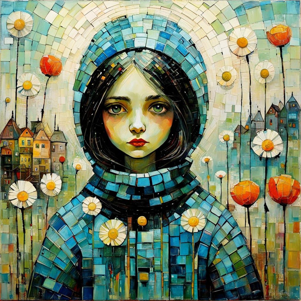 Primitive Naive Encaustic Painting in Textured Style