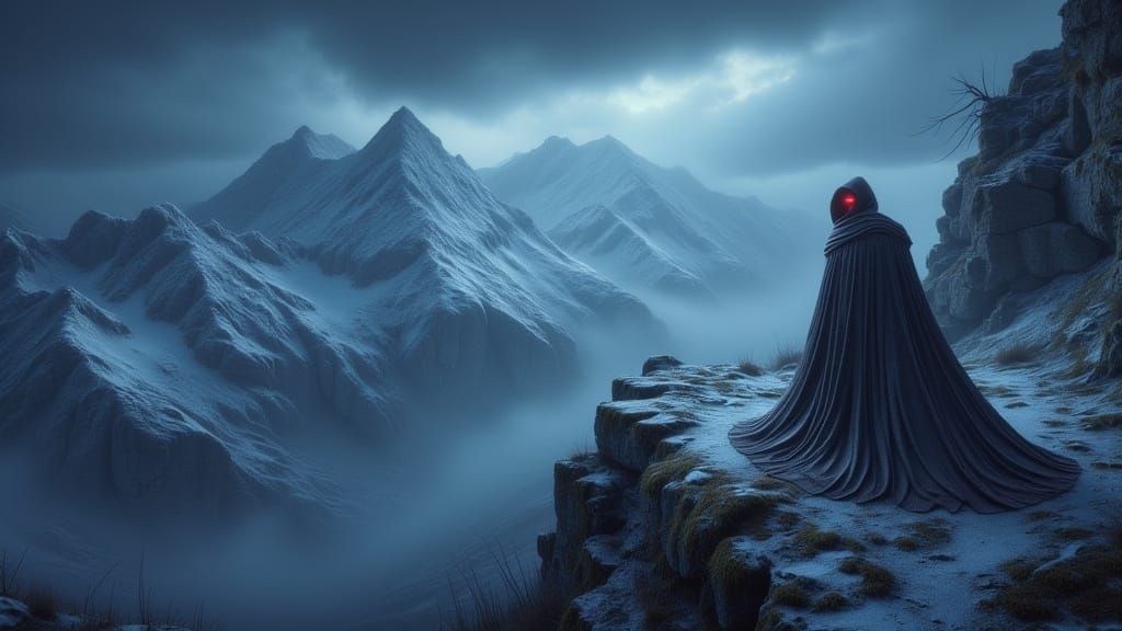 Cloaked Figure on Snowy Mountain Peak