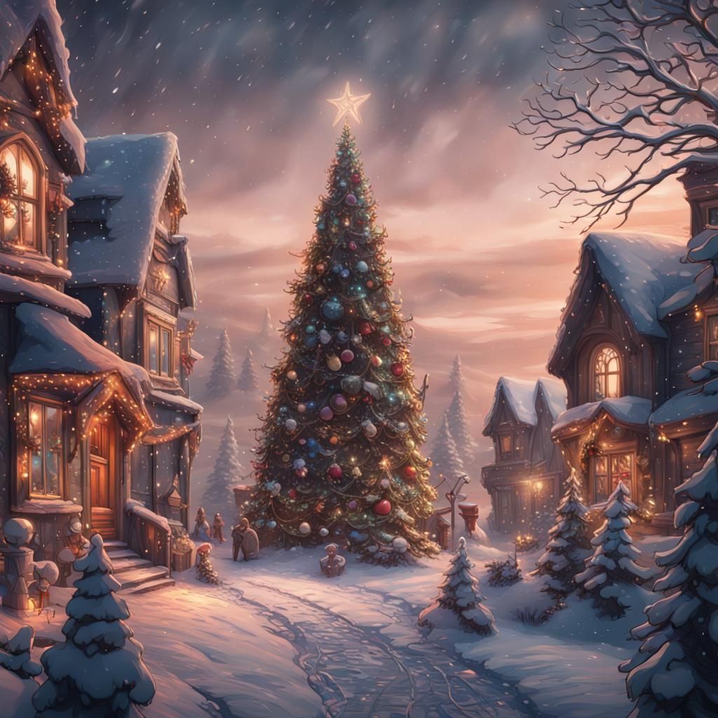 Detailed Christmas Scene Line Drawing