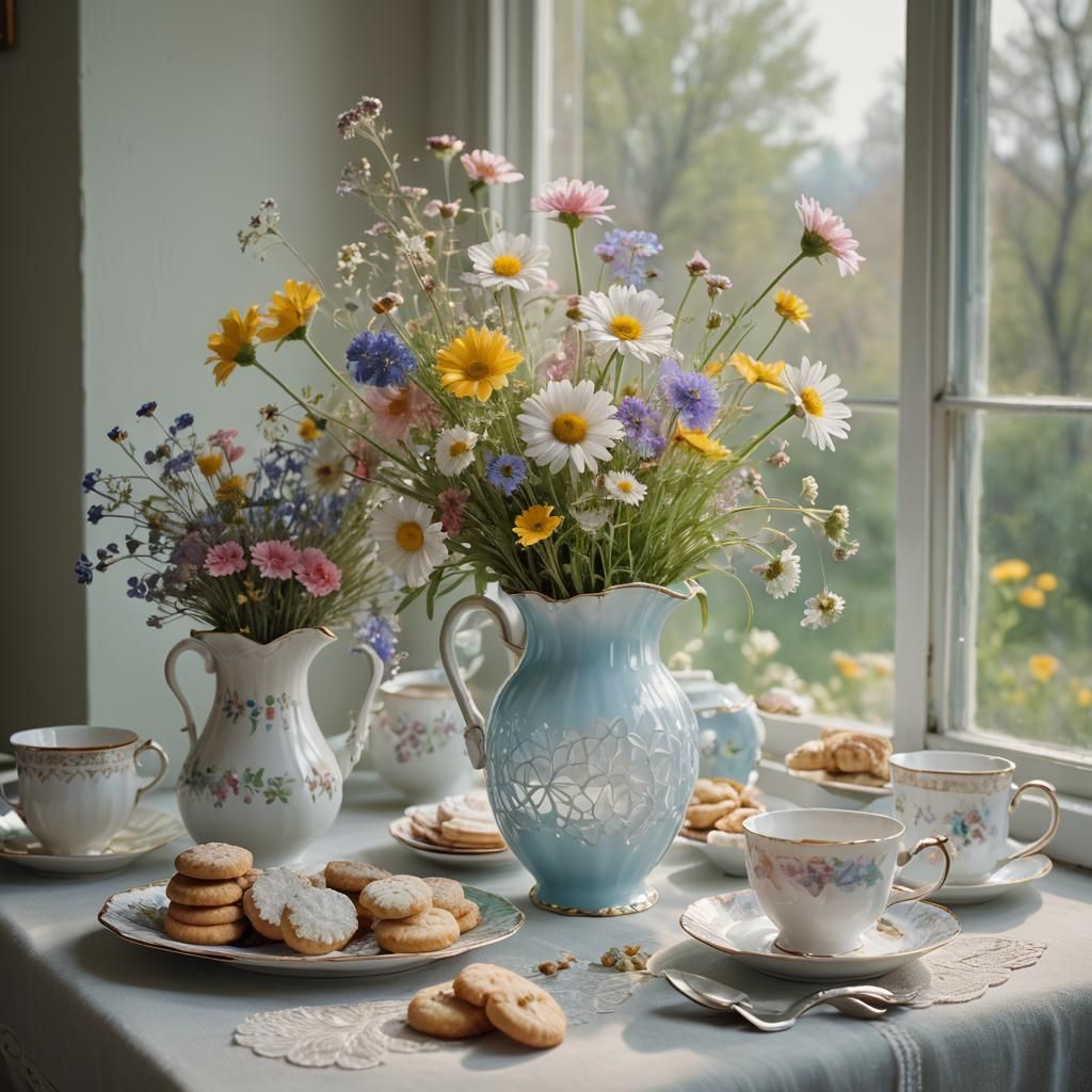 Whimsical Still Life with Crystal Vase and China