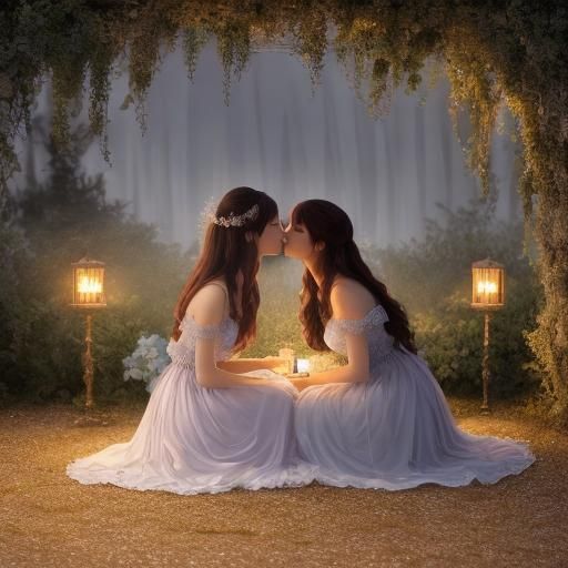 Romantic Surrealism: Two Girls Kissing in Misty Garden