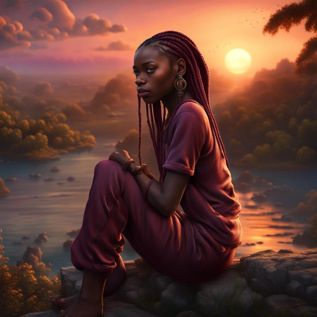 Black Girl with Braids Gazing at Sunset, Digital Art