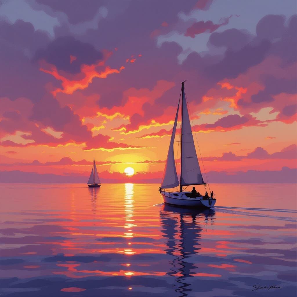 Sunset Seascape with Sailboat in Impressionistic Style