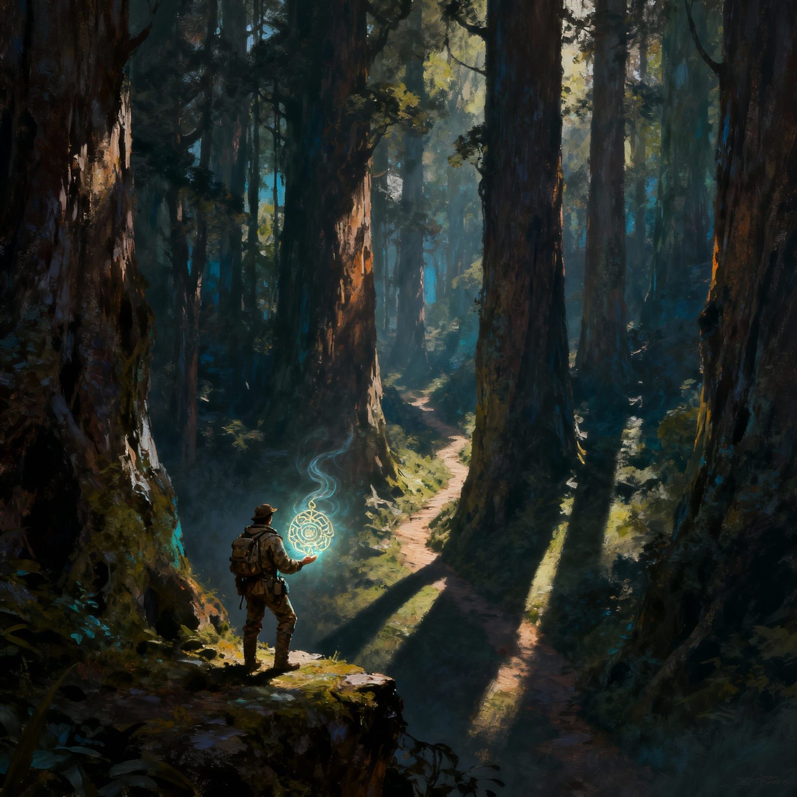 Explorer with Glowing Artifact at Ancient Forest Edge