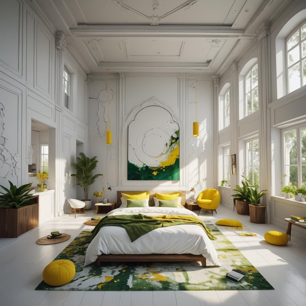 Minimalist White Room with Yellow Accents, Detailed Matte Pa...