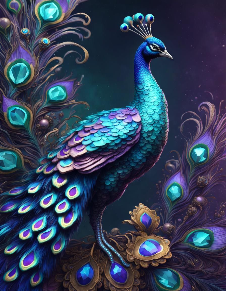 Bejeweled Peacock in Teal, Purple and Navy
