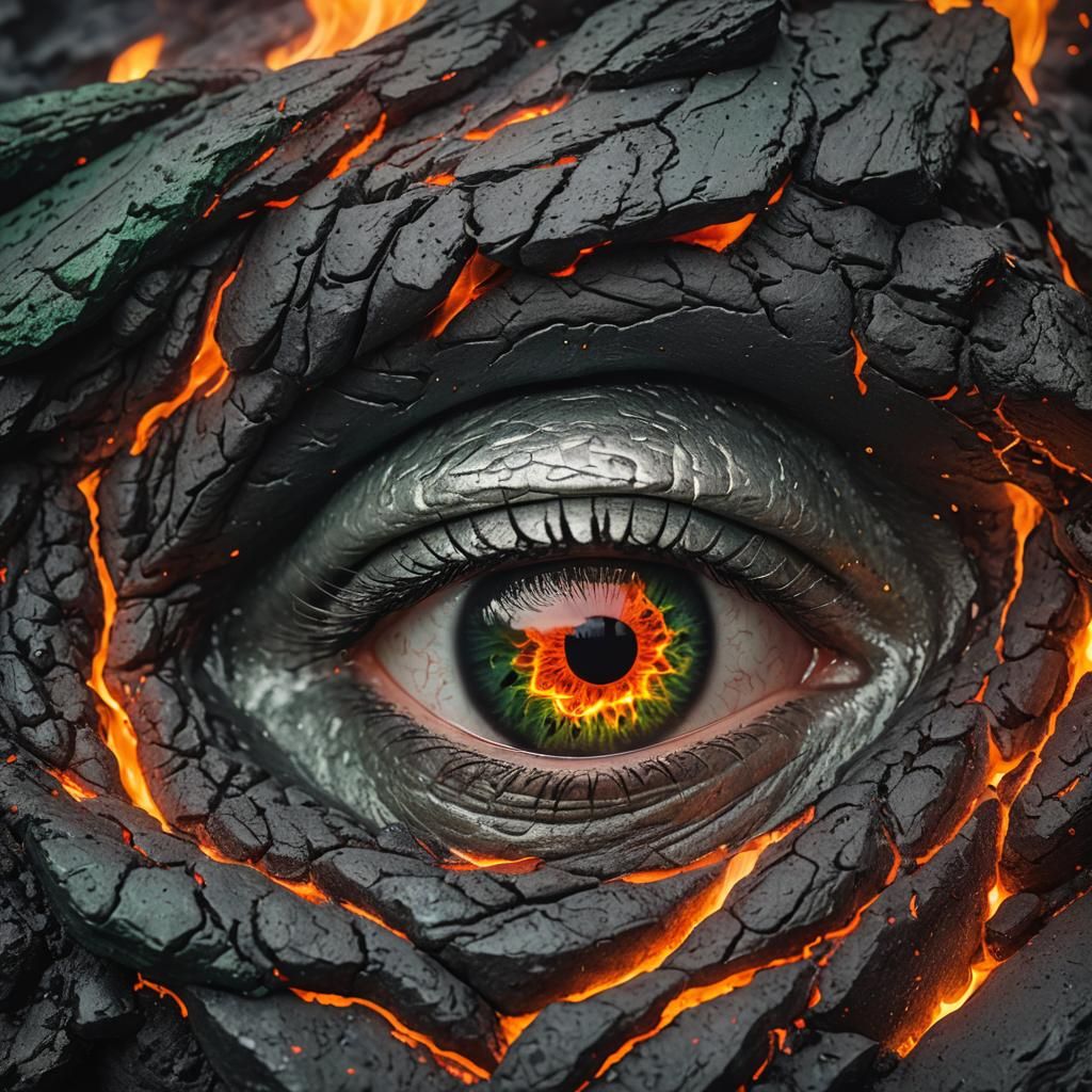 Silver and Green Eye Surrounded by Fire
