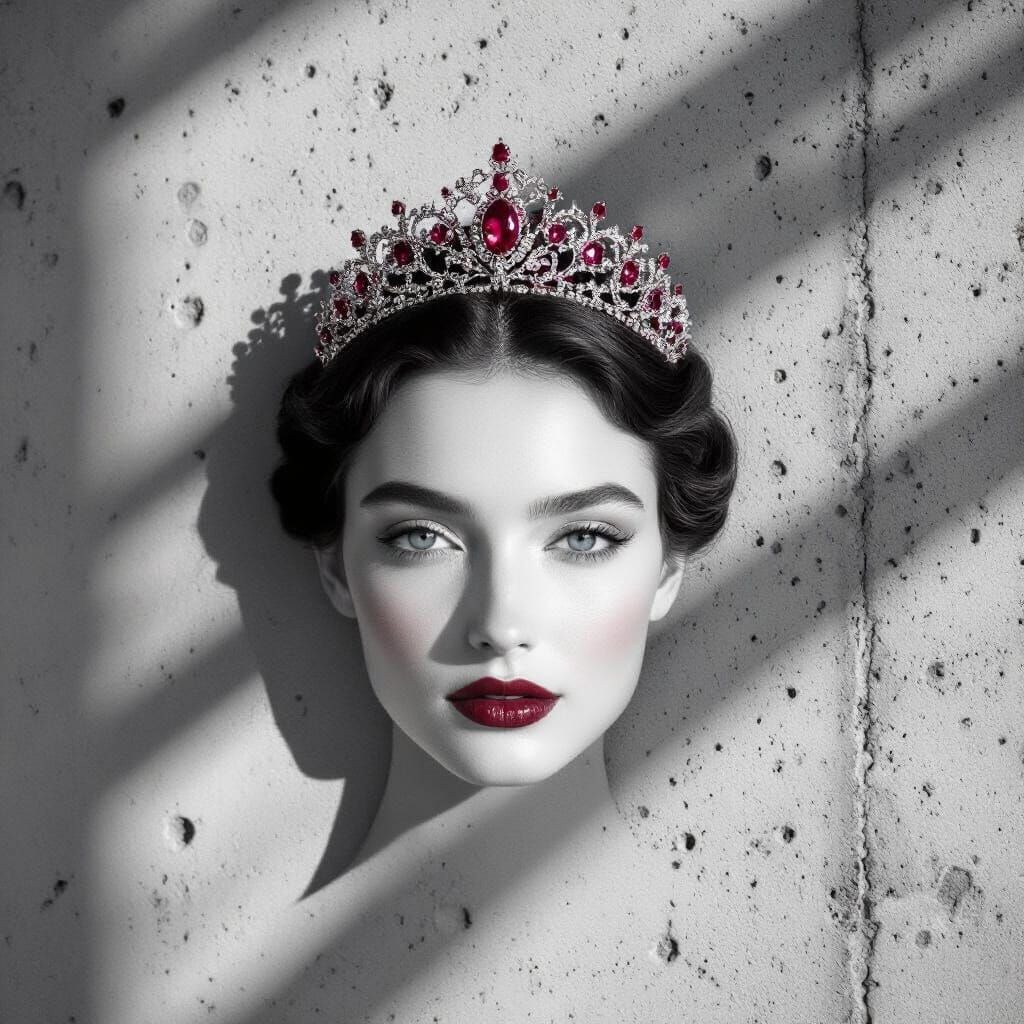 Black and White Portrait with Ruby Tiara on Concrete Wall