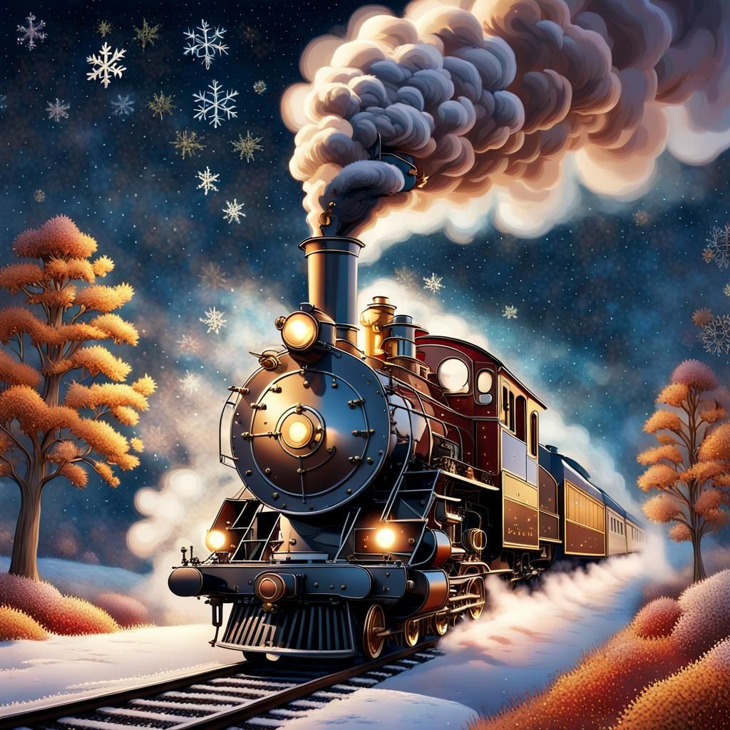 Magical Steam Locomotive Soars Under Starry Night Sky