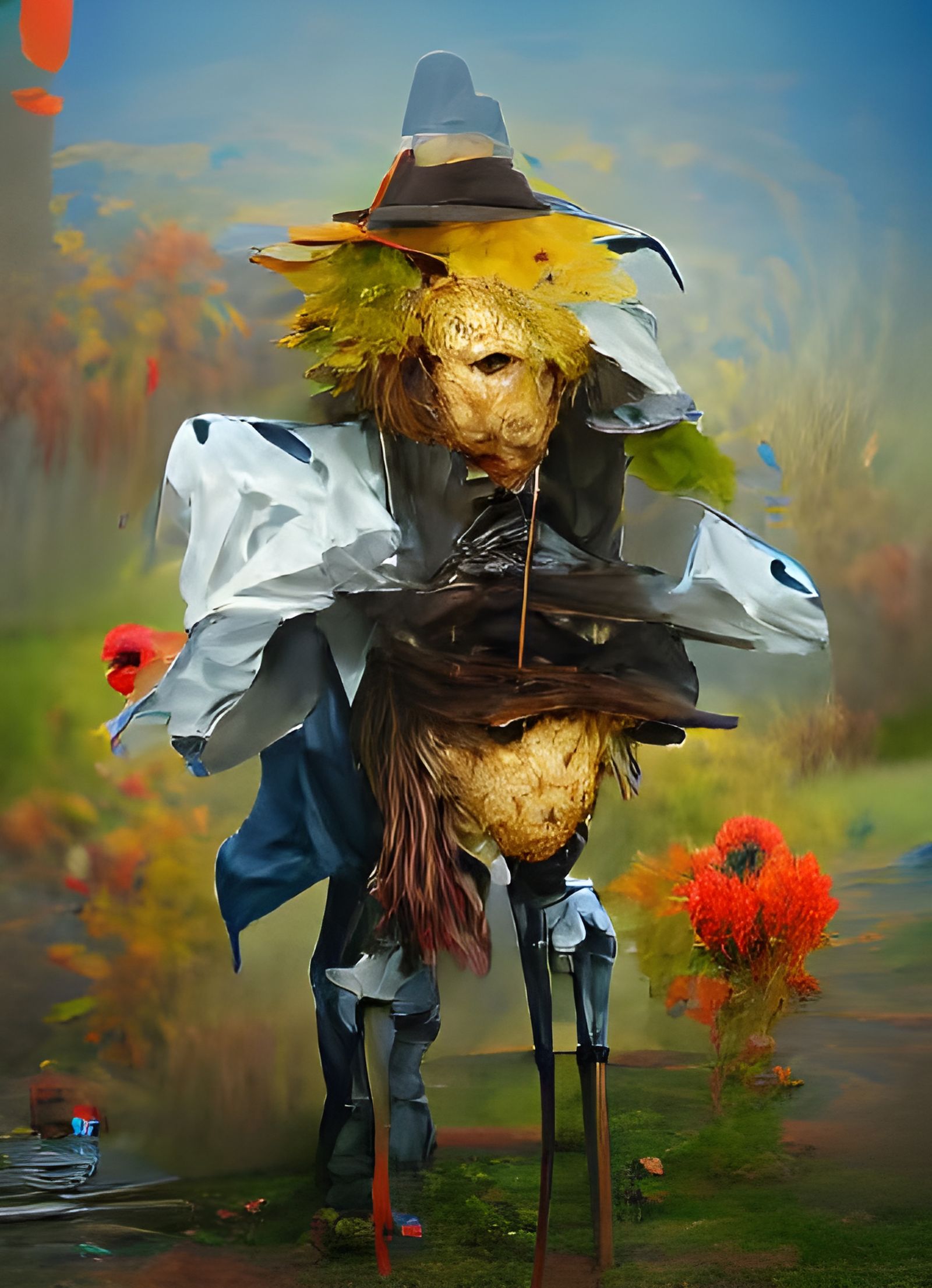 Scarecrow in Autumn Landscape, Golden Age Illustration