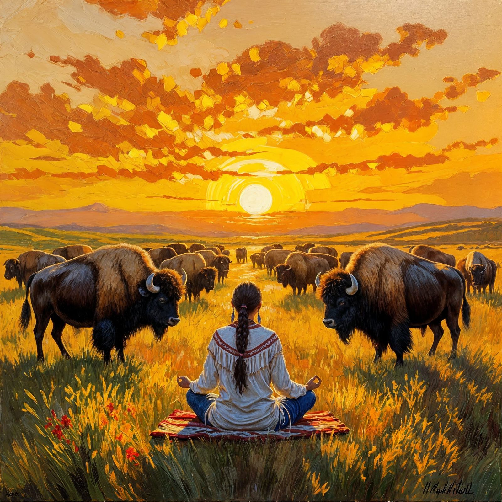 Native American Woman Meditating with Buffalo Herd at Sunset