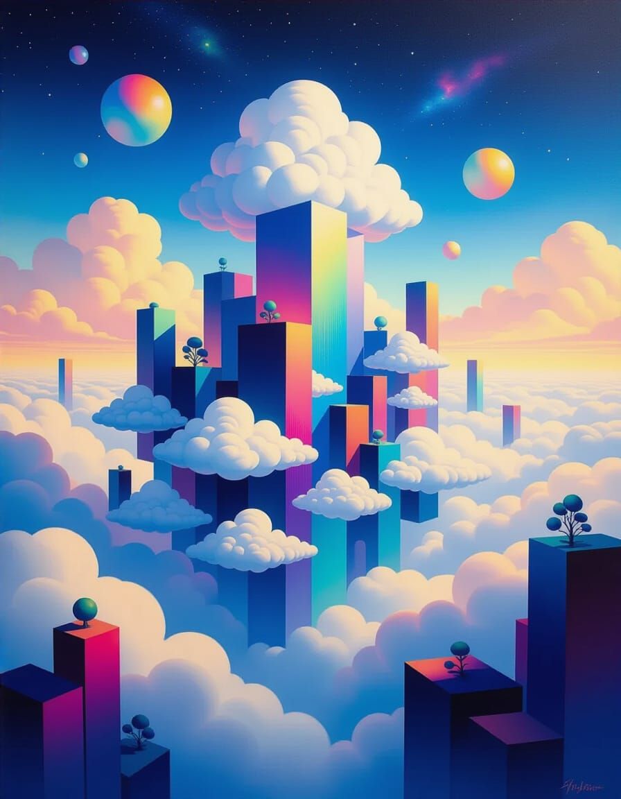 Surreal Cloud City in Cosmic Expanse