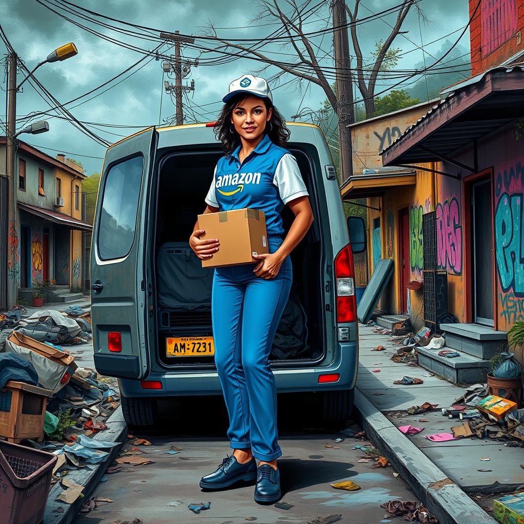 Amazon Driver in Urban Decay, Hyper-Realistic Style