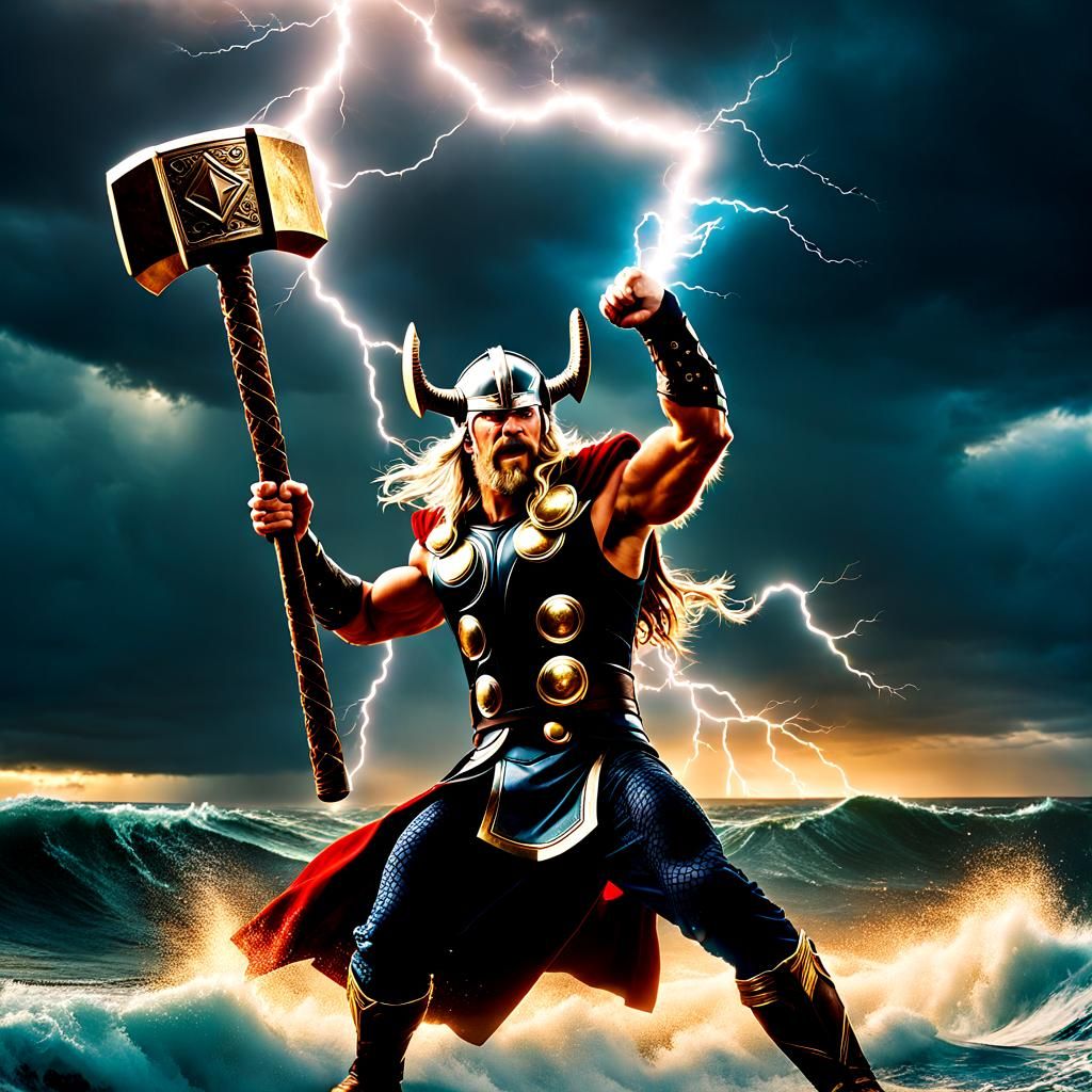 Ethereal Thor Wields Hammer in Lightning Storm