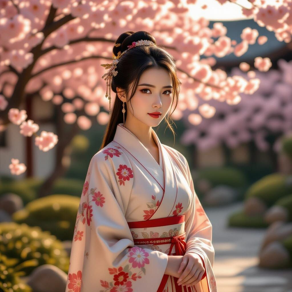 Hanfu Woman in Cherry Blossom Garden