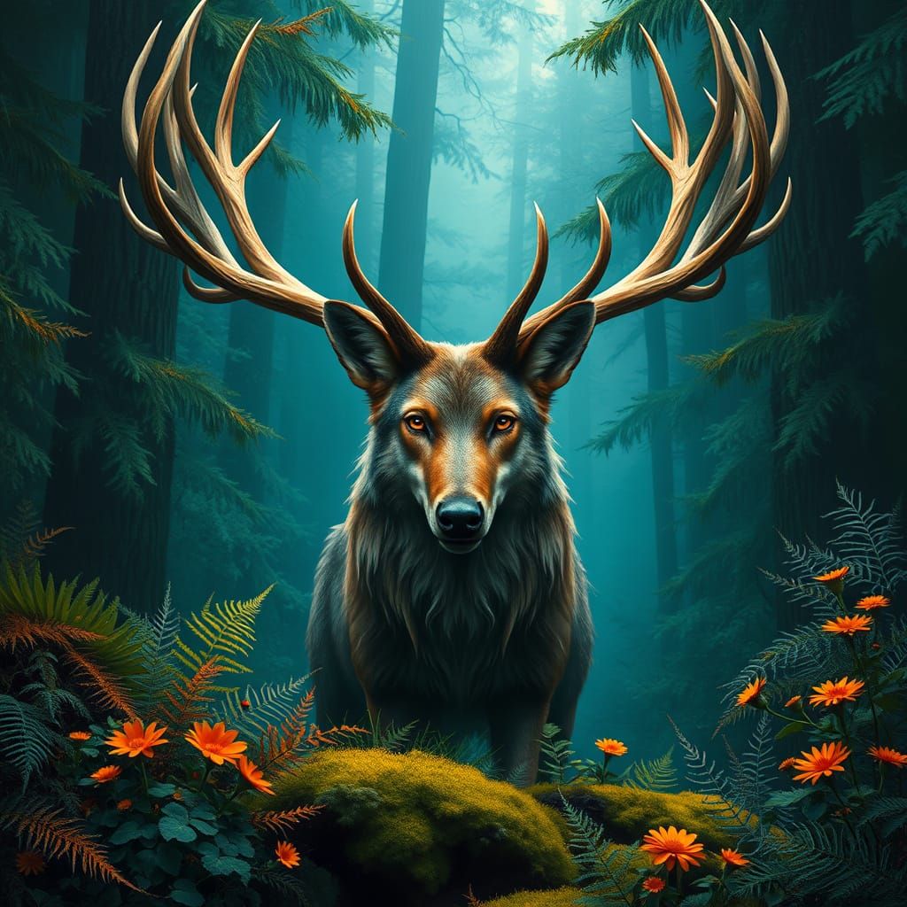 Regal Wolf-Deer Hybrid in Vibrant Fantasy Landscape
