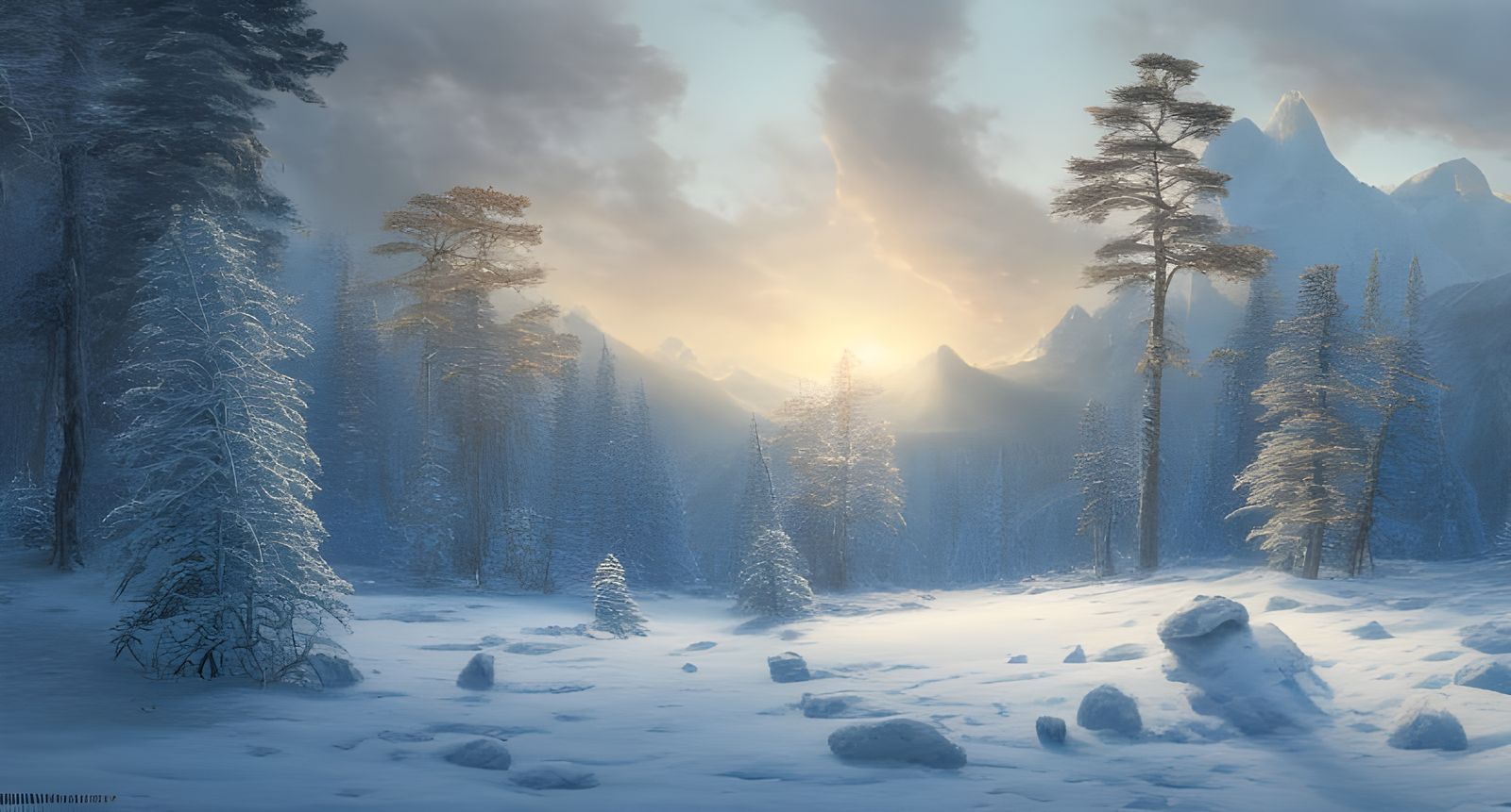 Magical Winter Forest Landscape at Sunset: Digital Art