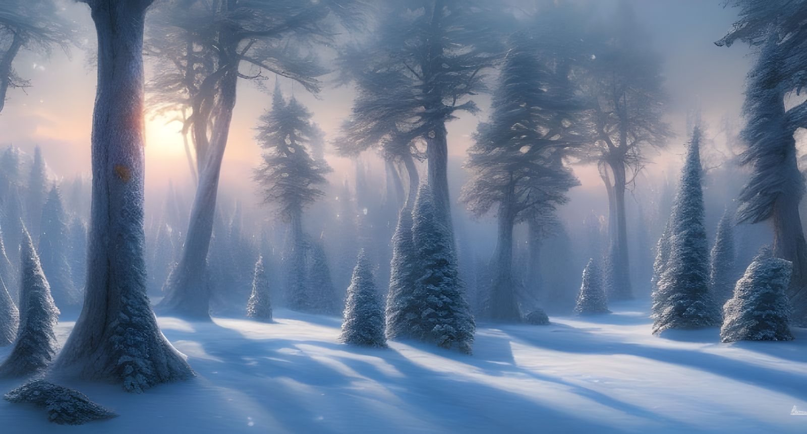 Magical Winter Forest Mountain Landscape at Sunset