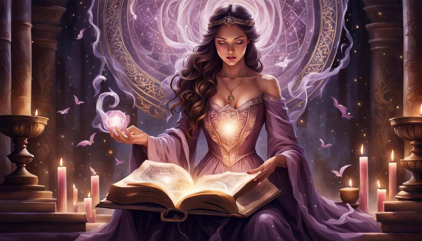 Mage in Ancient Library Surrounded by Swirling Magic