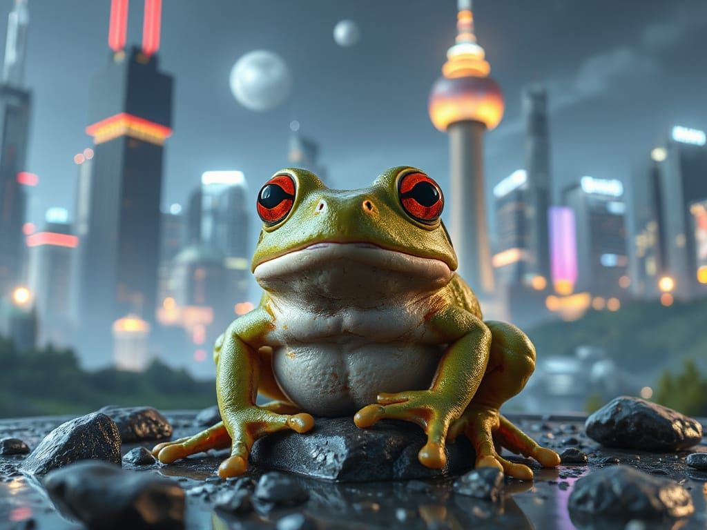 Hyperrealistic Frog in Atompunk Cityscape